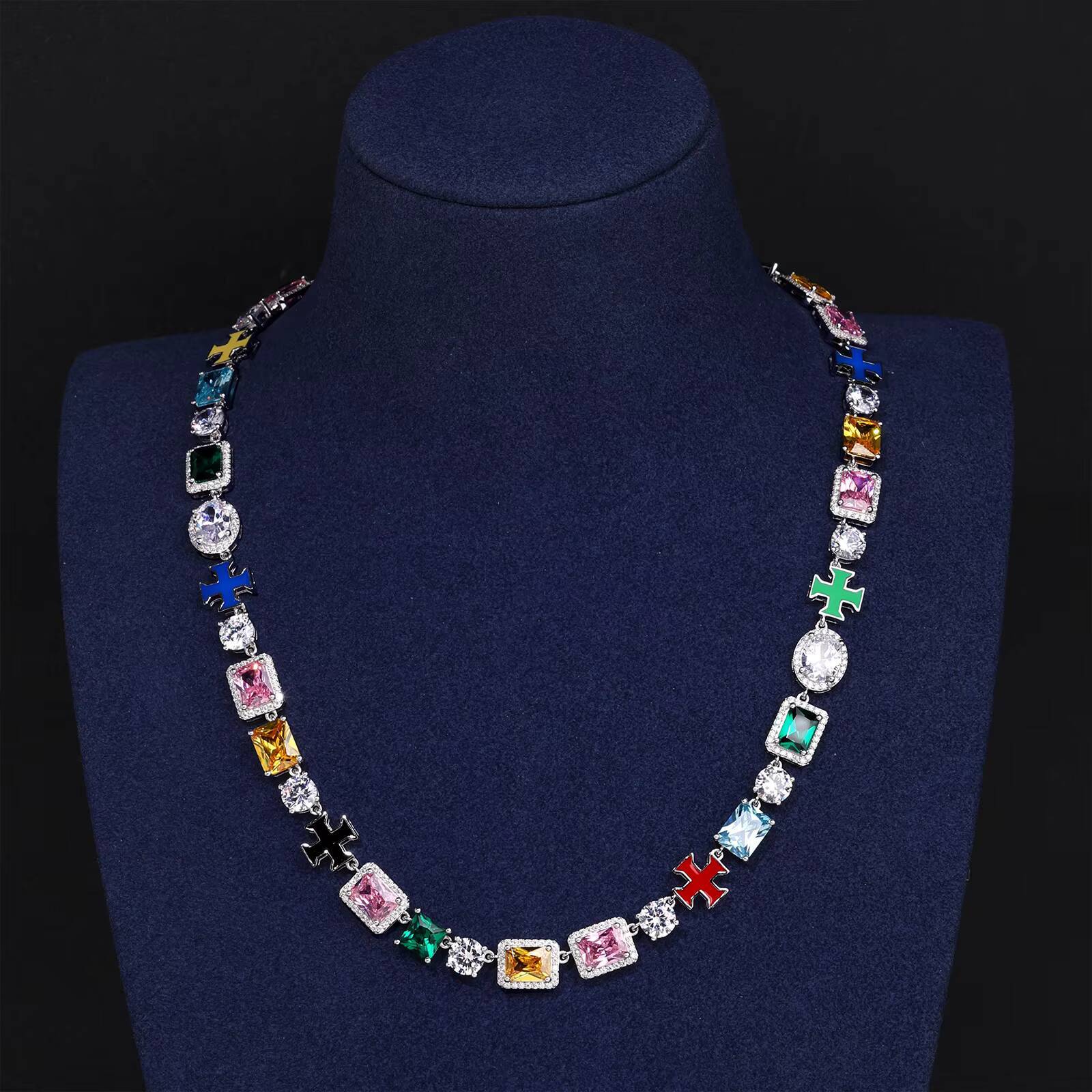 Elegant Rhodium Plated Sterling Silver Tennis Chain Necklace Gemstone Cross with CZ Enamel Accents for Wedding or Gift