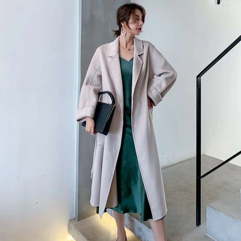 2024 Fall Winter Jacket Ripple Double-Sided Wool Cashmere Coat High-End Bathrobe Style Windbreaker Women Belt Long Thick Warm