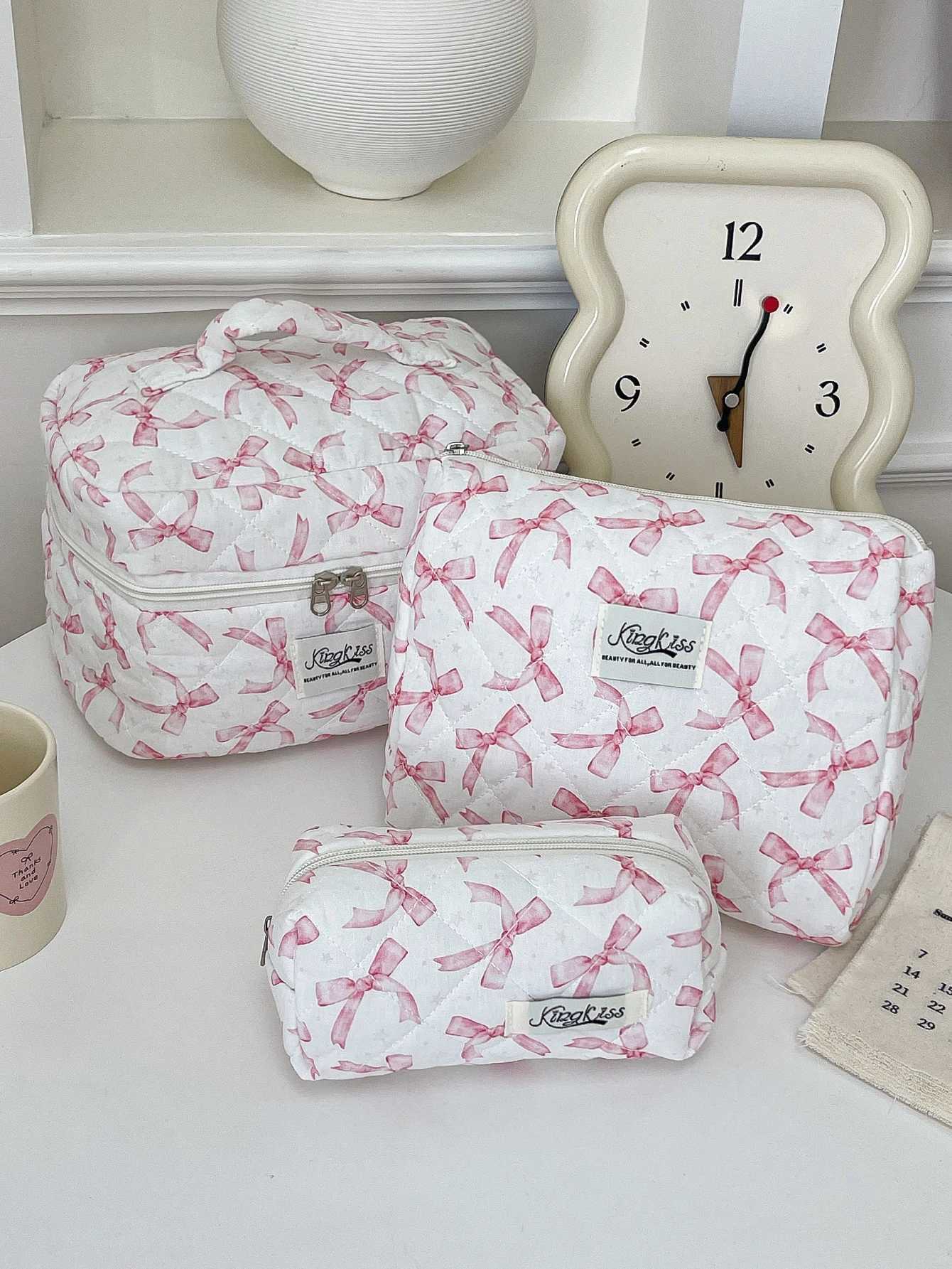 1 piece/set pink bow and star pattern printed quilted large capacity makeup bag portable travel makeup bag for girls makeup bagXJ250415