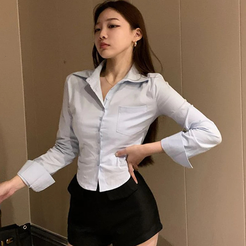Gidyq Elegant Women Korean Shirts Fashion Streetwear Female Slim Blouse Spring Y2K Casual Office Ladies Sexy Cropped Tops 250415