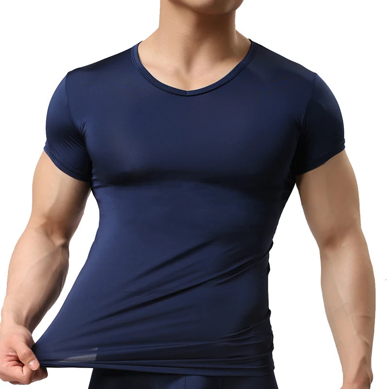 Mens Sheer Undershirts Man Ice Silk Mesh See through Basics Shirts Sexy Fitness Bodybuilding Underwear 250415