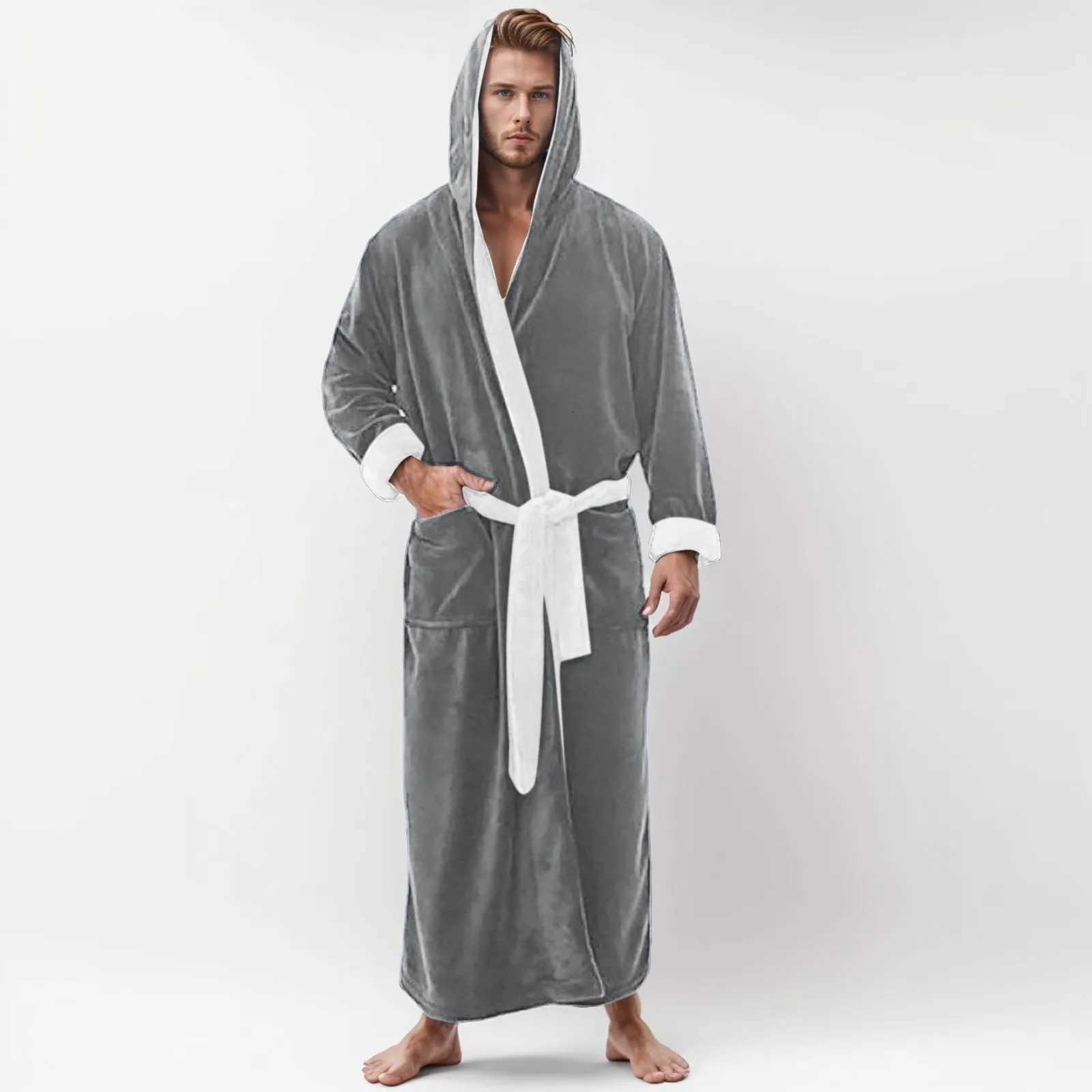 Mens Oversized Long-Sleeve Hooded Bathrobe Fall Winter Long Pajamas Loungewear Mens Plus Size Kimono Pajamas Nightgowns Robe C251115