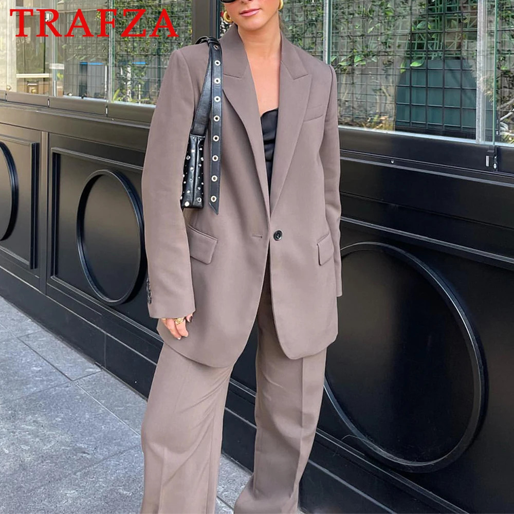 TRAFZA Womens Fashion Autumn Brown Office Womens Loose V-neck JacketHigh Waist Long Leg Pants Retro Womens Set 250409