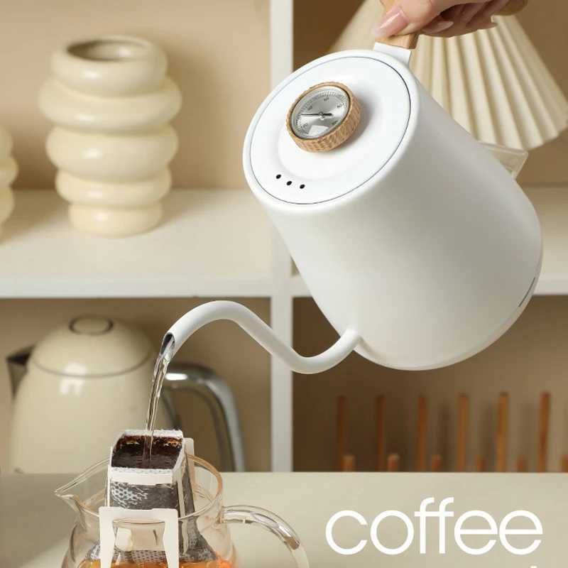 110V/220V Wood Grain Electric Gooseneck Kettle Hand Brew Coffee Pot Smart Teapot with Thermometer 1000w Fast Heating Kettle Y251114