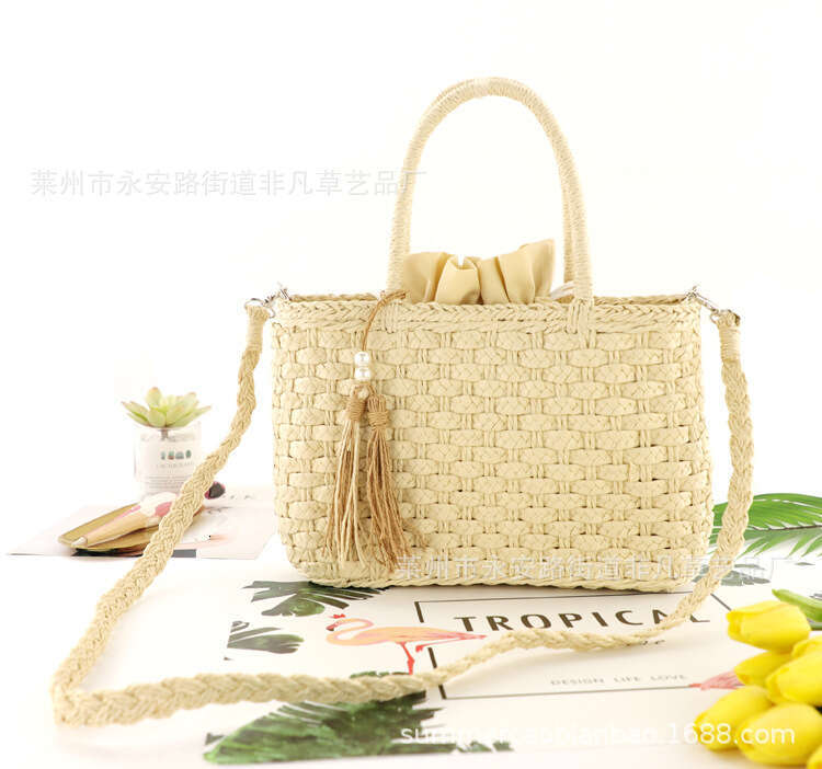 Handmade Beach Bag New Pearl Tassel Woven Hand-Held Diagonal Fashion Women's Beach Bag, Paper Rope Three Strand Braided Bag Kq2
