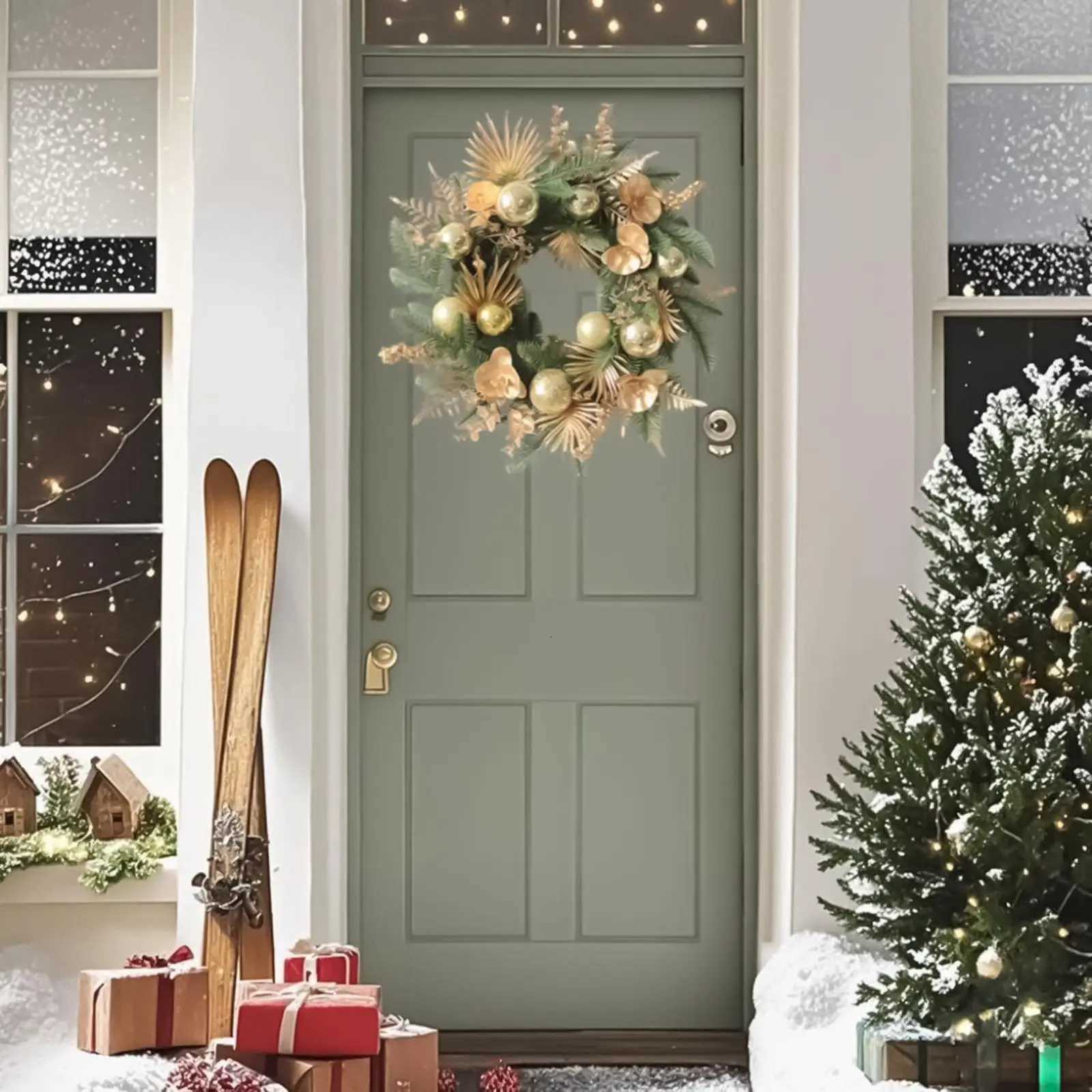 Christmas Wreath Outdoor Artificial Home Decor Golden Ball Pine Front Door Wreath For Wall Fireplace Bedroom Living Room OfficeM251115