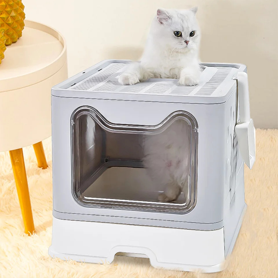 Foldable Cat Litter Box Top Entry Enclosed Anti-Splashing Cat Toilet with Scoop Cleaning Brush 250414