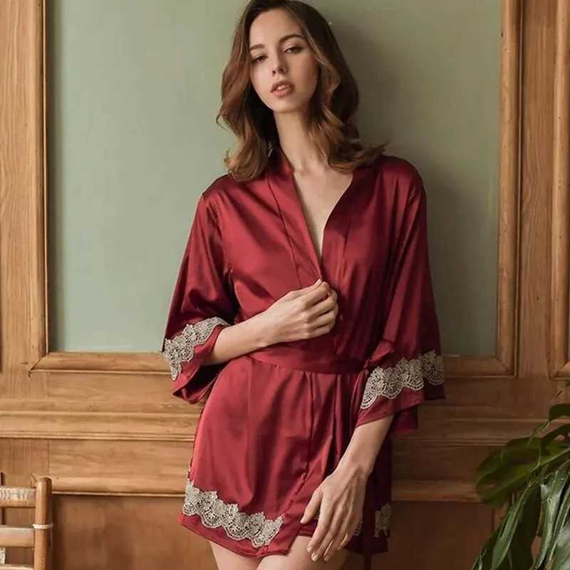 Ladies Red Sexy Lace Embroidered Flower Satin Belt Robe Temptation Satin Red V-Neck Sexy Robe Women Sexy Pajamas C251115