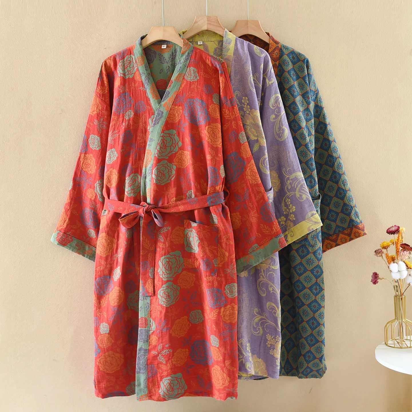 Cotton Yarn Dyed Nightgown Robes for Women Spring and Autumn Thin Vintage Jacquard Sleepwear Yukata Kimono Bath Robe C251115