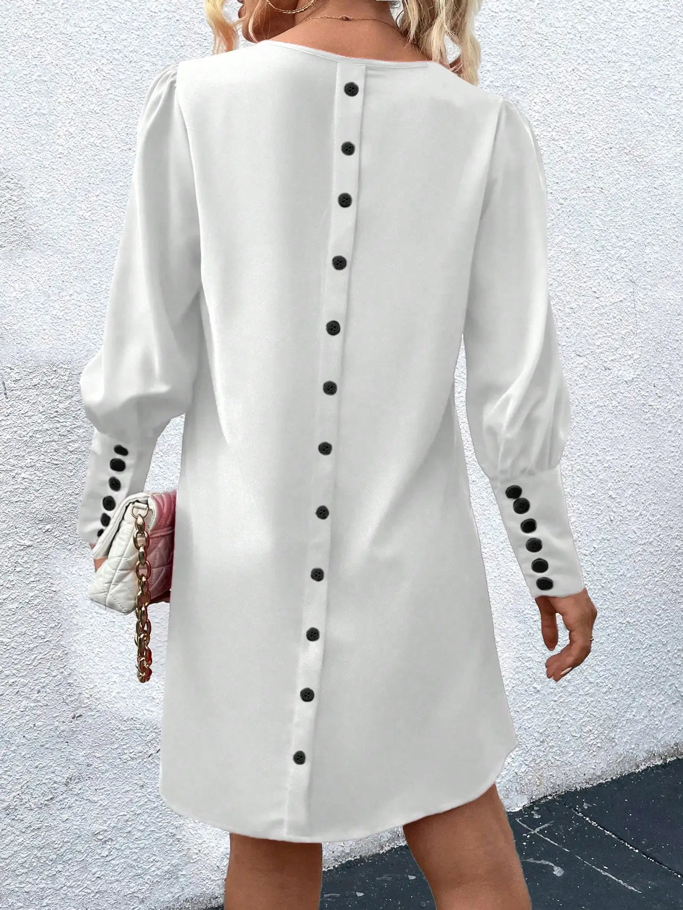 Spring and summer plus size casual n loose long sleeved slim fit Vneck solid color retro button womens dress 250407