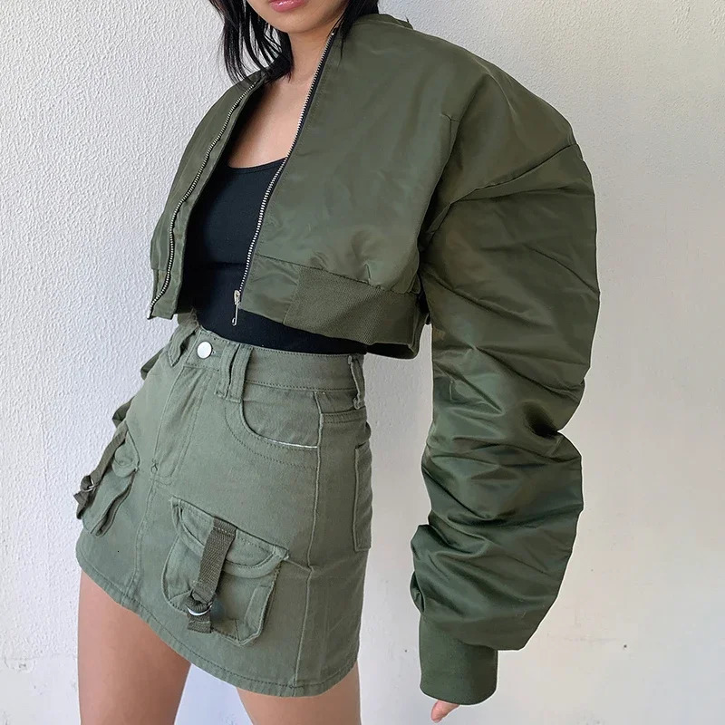 High waisted cut flight jacket for womens spring and autumn long sleeved folding zipper jacket casual loose bomber jacket 250410