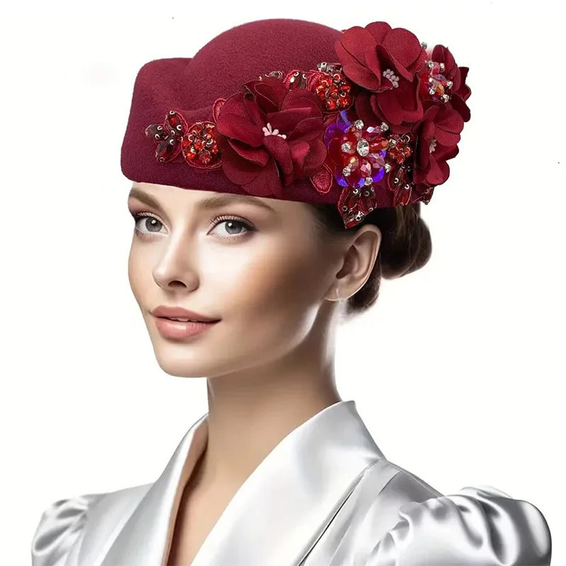 Vintage Felt Turban Hat For Women Church Derby Fascinator With Flower Ladies Soft Beret Caps For party Airline Stewardess Hat 250407