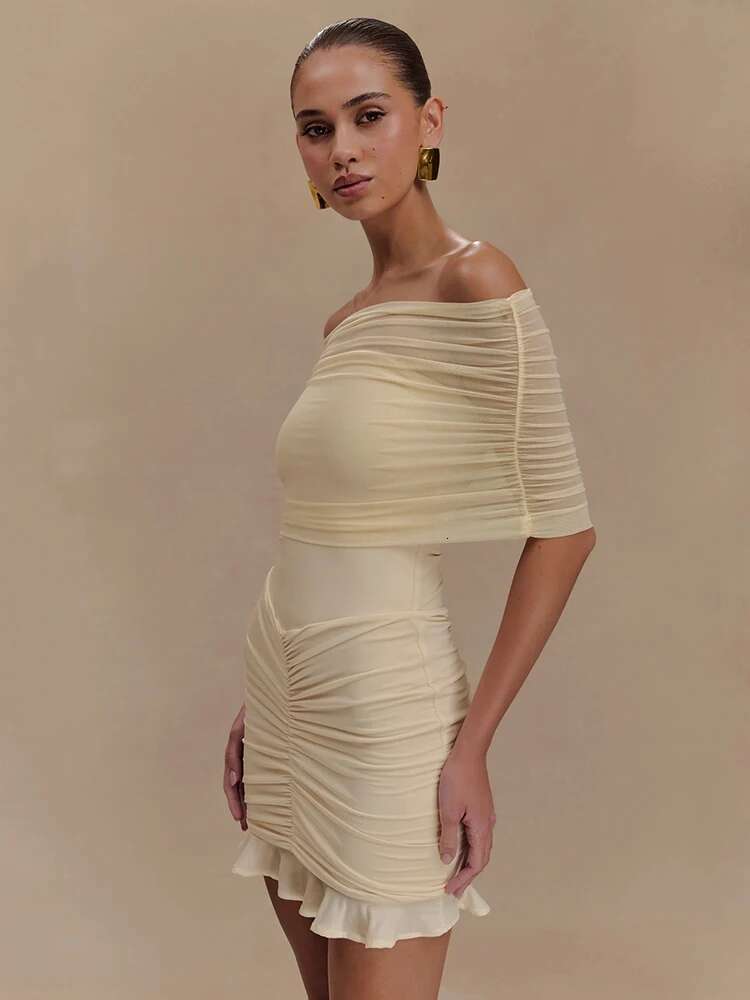 Mozision Mesh Strapless Off-shoulder Sexy Ruffled Mini For Women Fashion Backless High Waist Female Ruched Party Dress