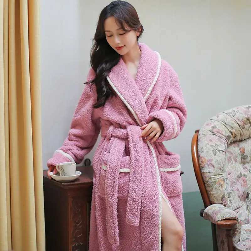Couple Robe for Men Sleepwear Bathrobe Warm Fleece Pajama 2025 New Winter Night Wears Solid One Piece Nightgown Pocket Homewear C251115