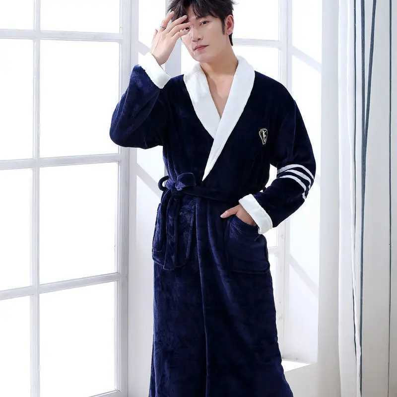 Belt Robe for Men Sleepwear Bathrobe Winter Night Wears Warm Fleece Pajama Solid One Piece Nightgown Pocket Homewear 2025 New C251115