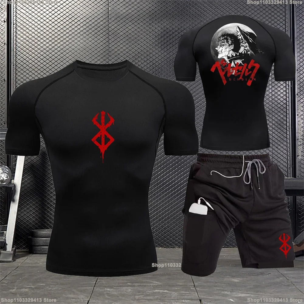 Compression Men Sports Clothing Two-Piece Summer Casual Fiess Suit Short-Sleev