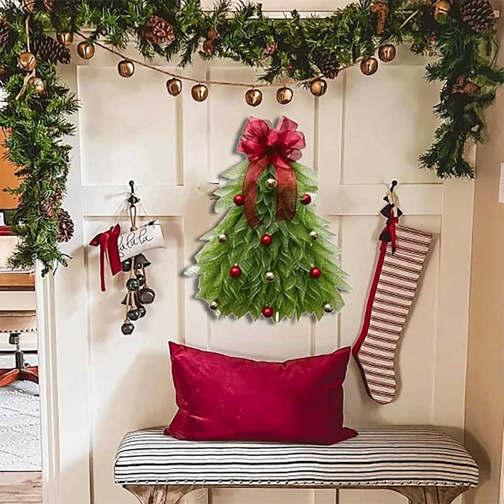 Christmas Tree Wreath for Front Door Hanging Ornament for Garden Room Christmas Tree Wreath With Red Bow Christmas DecorM251115