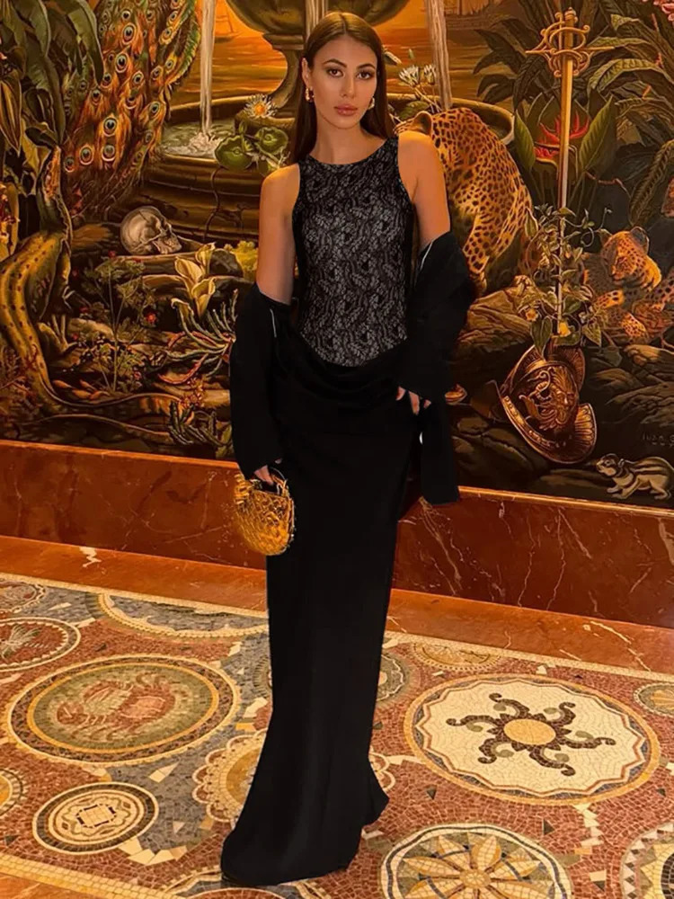 Mozision Patchwork Lace Sexy Maxi Dress Women Gown Elegant Fashion Black O Neck Sleeveless Ruched Bodycon Long Dress 2025 250415