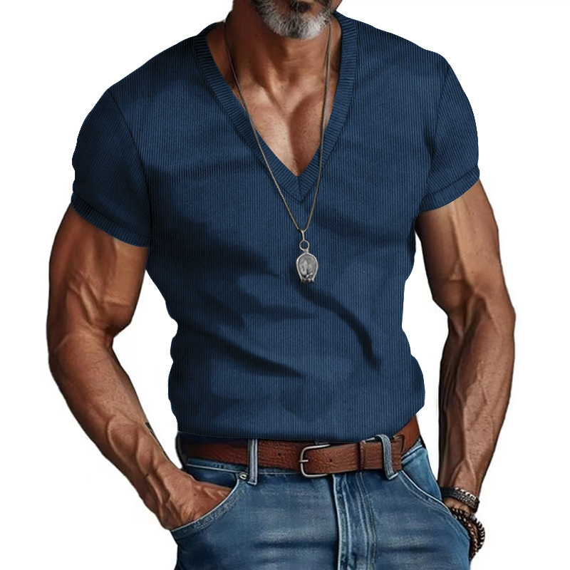 Men's corduroy short sleeved summer V-neck solid color slim fit casual T-shirt men's top