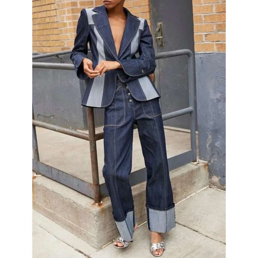 Modigirl 2024 Autumn Winter Women's Denim Coat Contrast Color Split-Joint Deep V-Neck Classic Jean Jacket Outerwear For Female