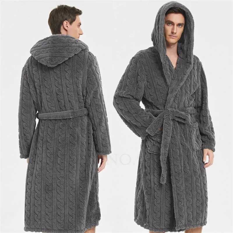 Warm Sleepwear Thicken Jacquard Flannel Men Robe Plush Coral Fleece Hooded Bathrobe Gown Winter Lounge Wear Home Wear Nightwear C251115