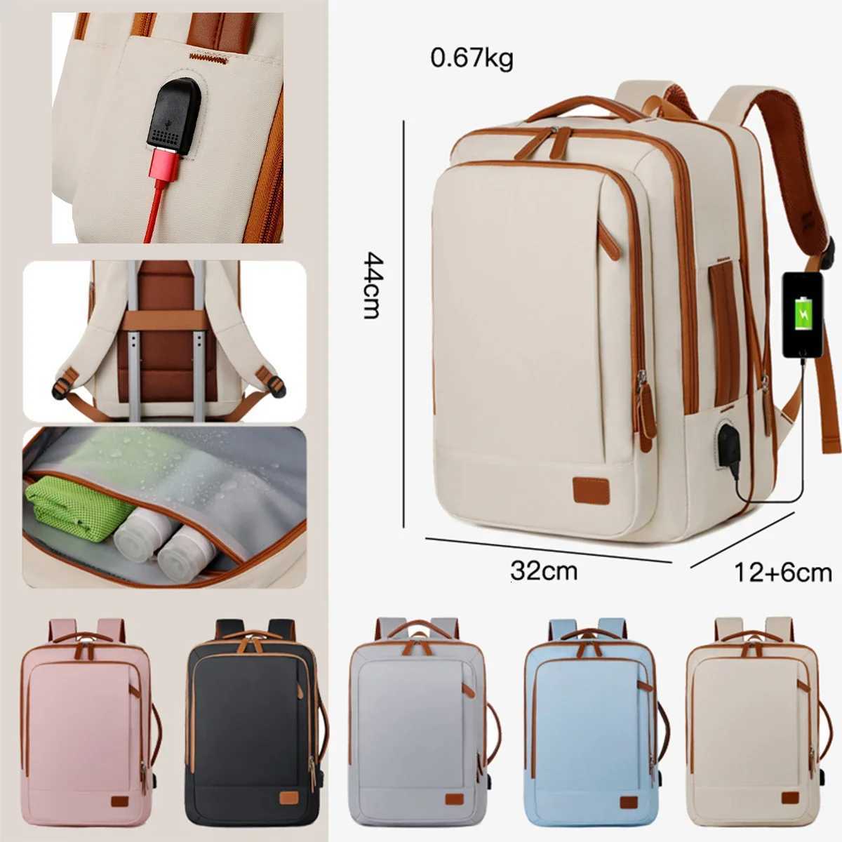 Expandable Oxford Backpack W/ Wet-Dry Pockets - Multipurpose Laptop Bag USB Port Dual Zippers for Business Travel Luggage BagW251114
