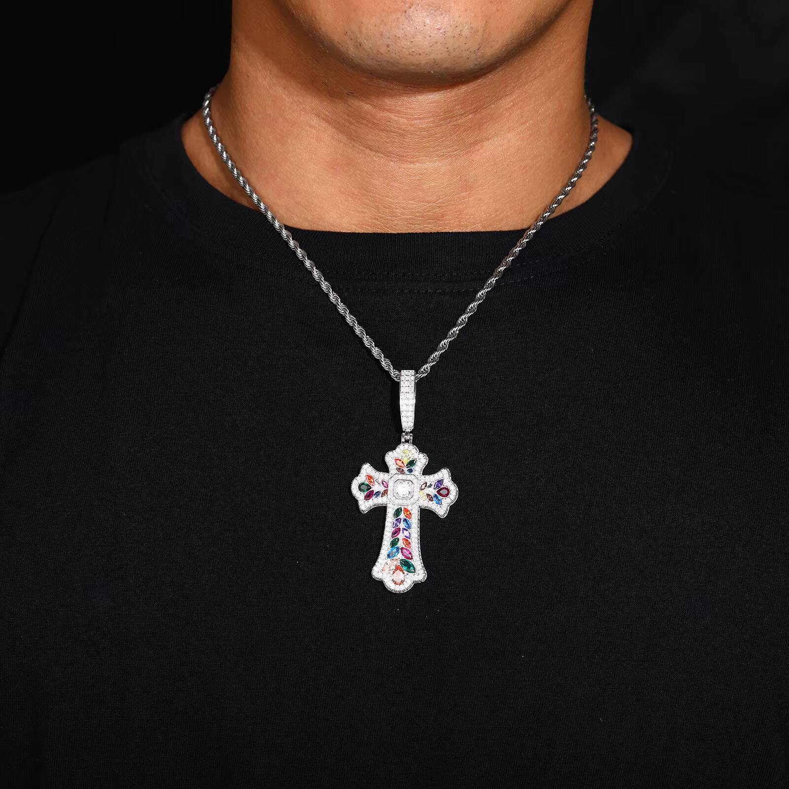 High Quality 925 Sterling Silver Gold/Silver Plated Hip Hop Colorful Zircon Wheat Cross Moissanite Pendant Vintage Versatile