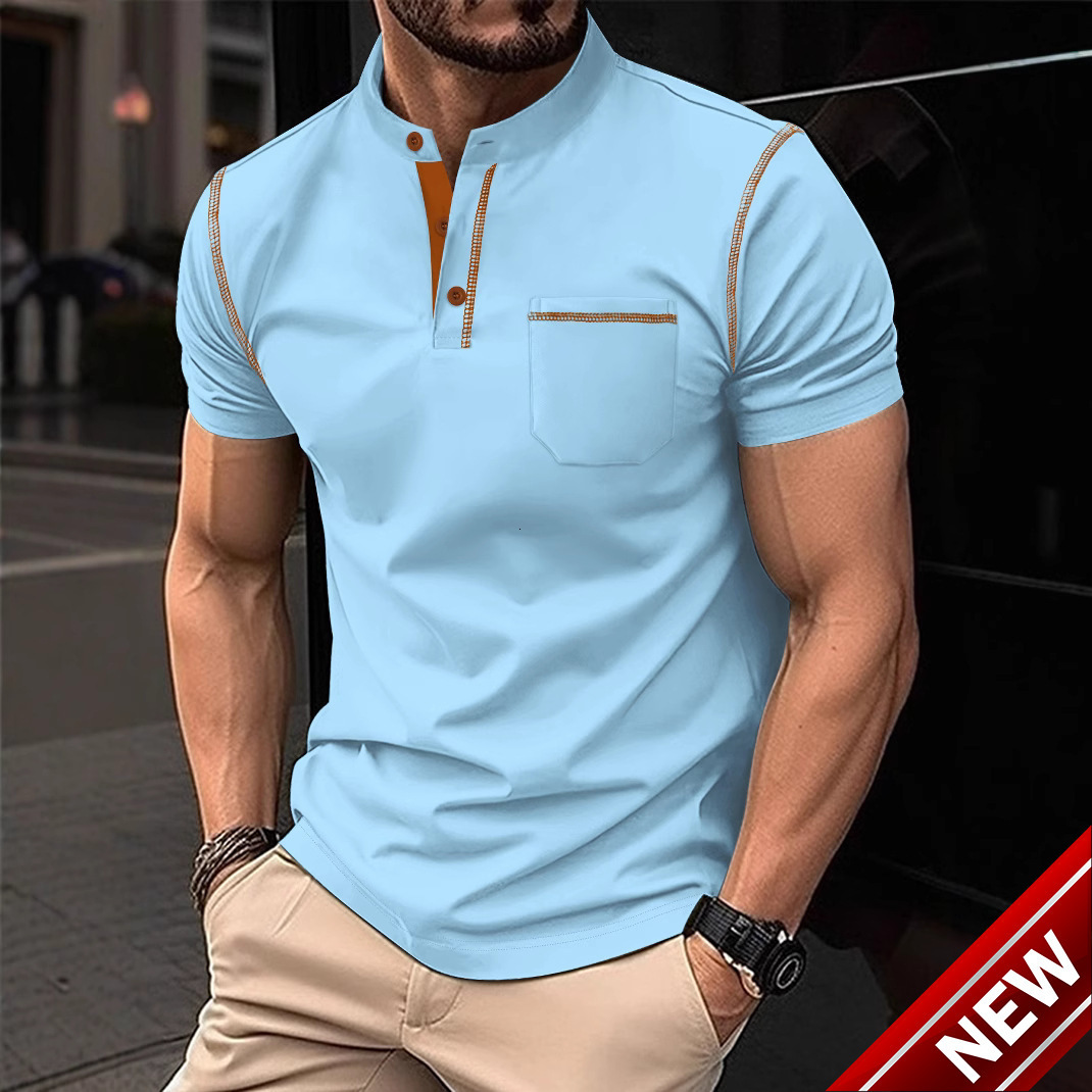 Ins summer mens polo shirt with stand up collar pocket mens sports polo shirt