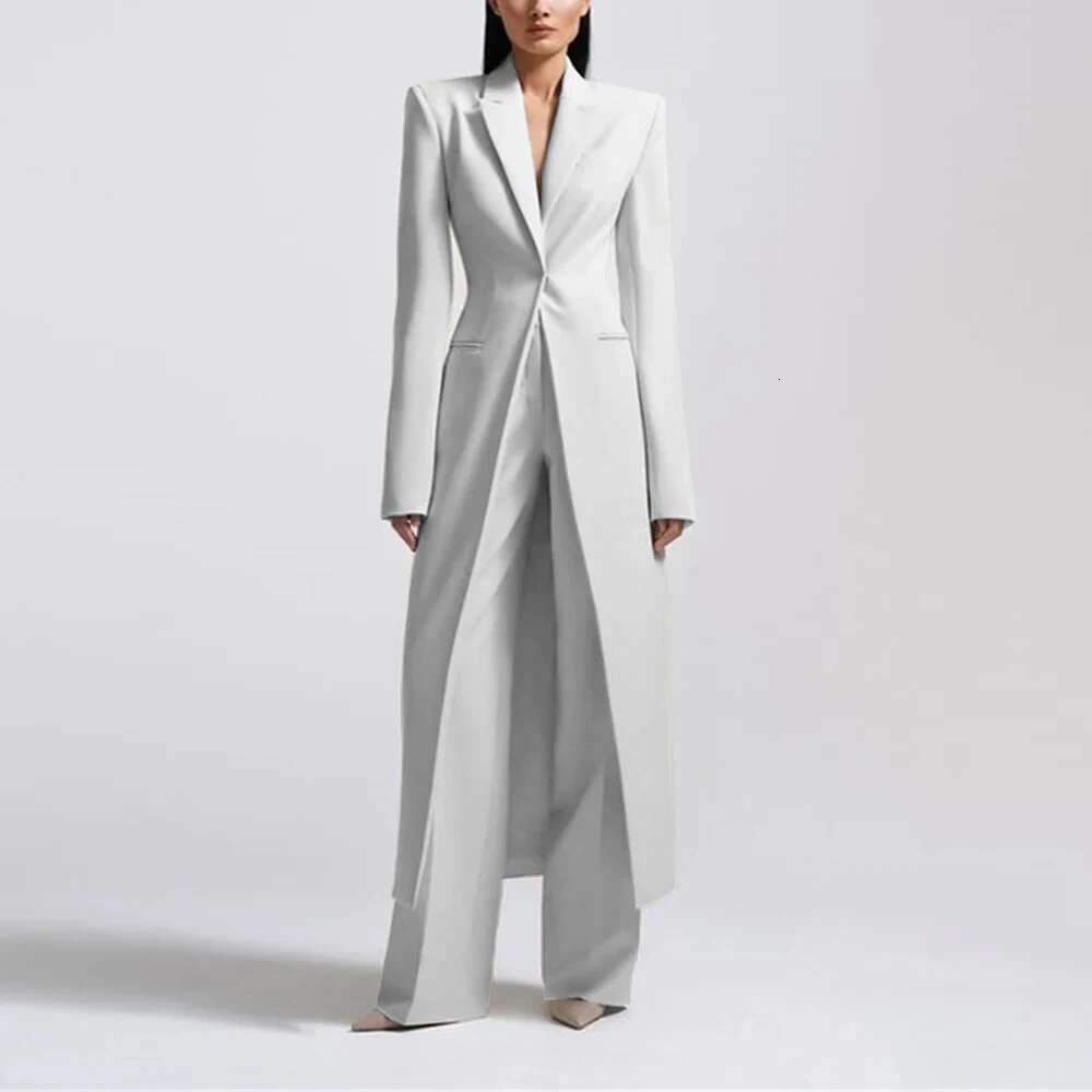 Fashion Beige Women's Blazer Pantssuit Peak Lapel Long Coat Wedding Formal Suits Office Lady Jacket Pant 2 Piece
