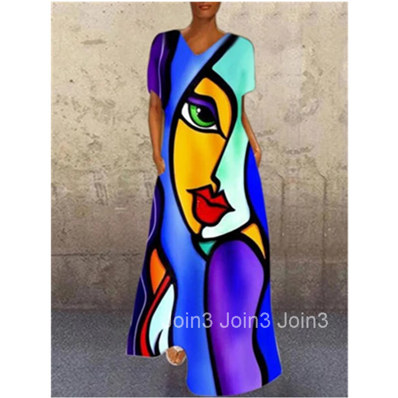 2025 New Dress Portrait Cat Print V-neck Four Sided Elastic Long Dress