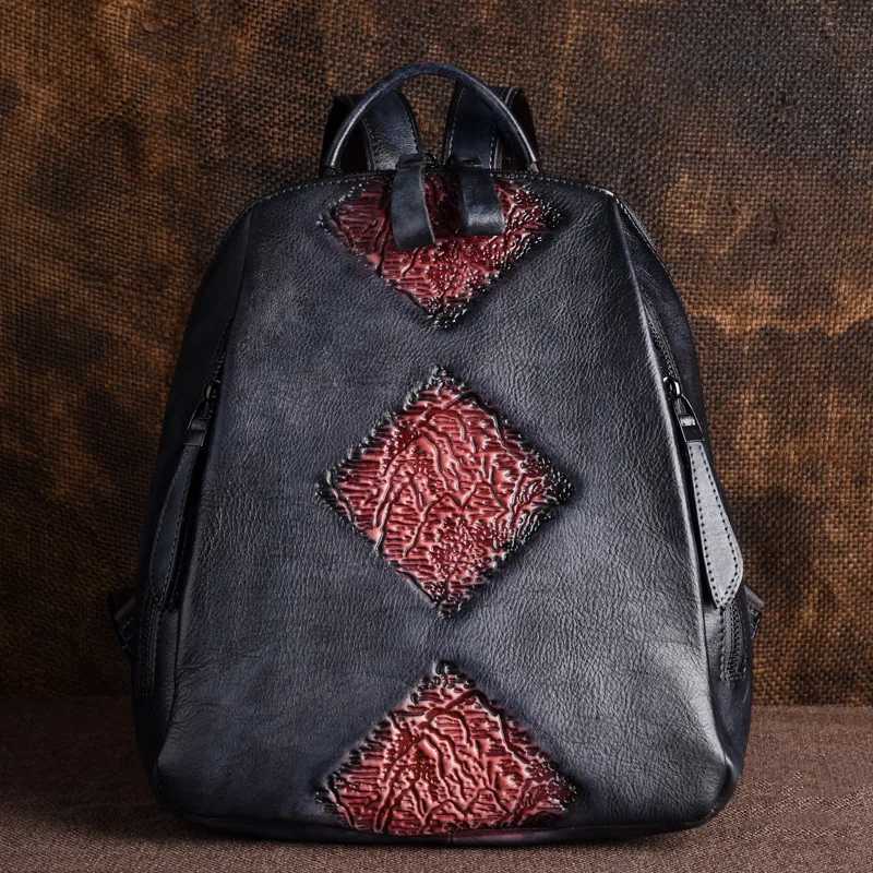 Handmade Retro Embossed Floral Backpack For Women Genuine Cowhide Leather Fashion Women Bag Solid Color Muti-function BackpacksW251114