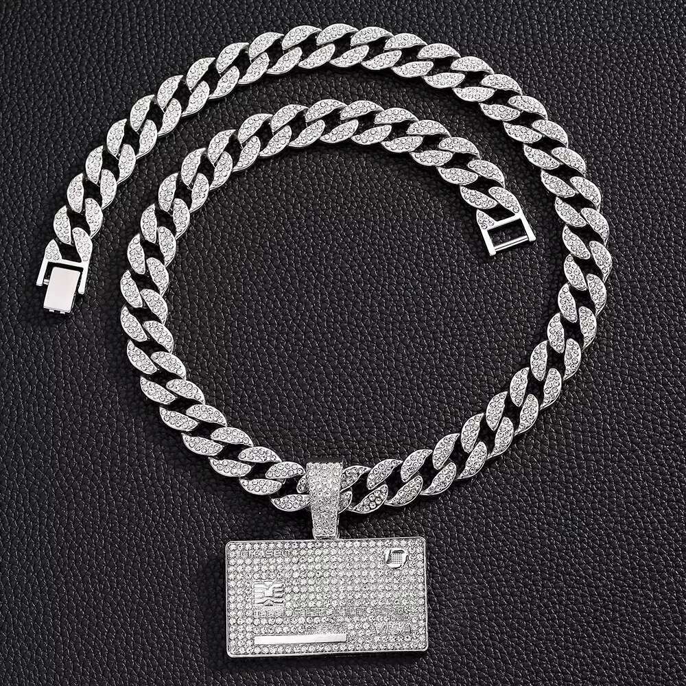 DHcollections Iced Out 15MM Men's Cuban Miami Chain With Alloy And Hip Hop Rhie Square VISA Pendant Necklace