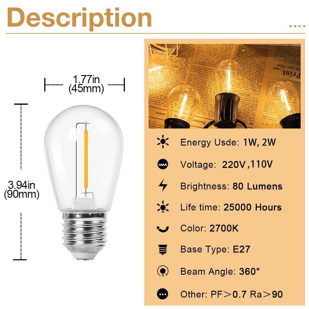 Shatterproof S14 Replacement Light Bulbs 1W 2W E27 Retro Edison Bulbs 220V 110V 2700K for Waterproof IP44 Outdoor String Lights C251115
