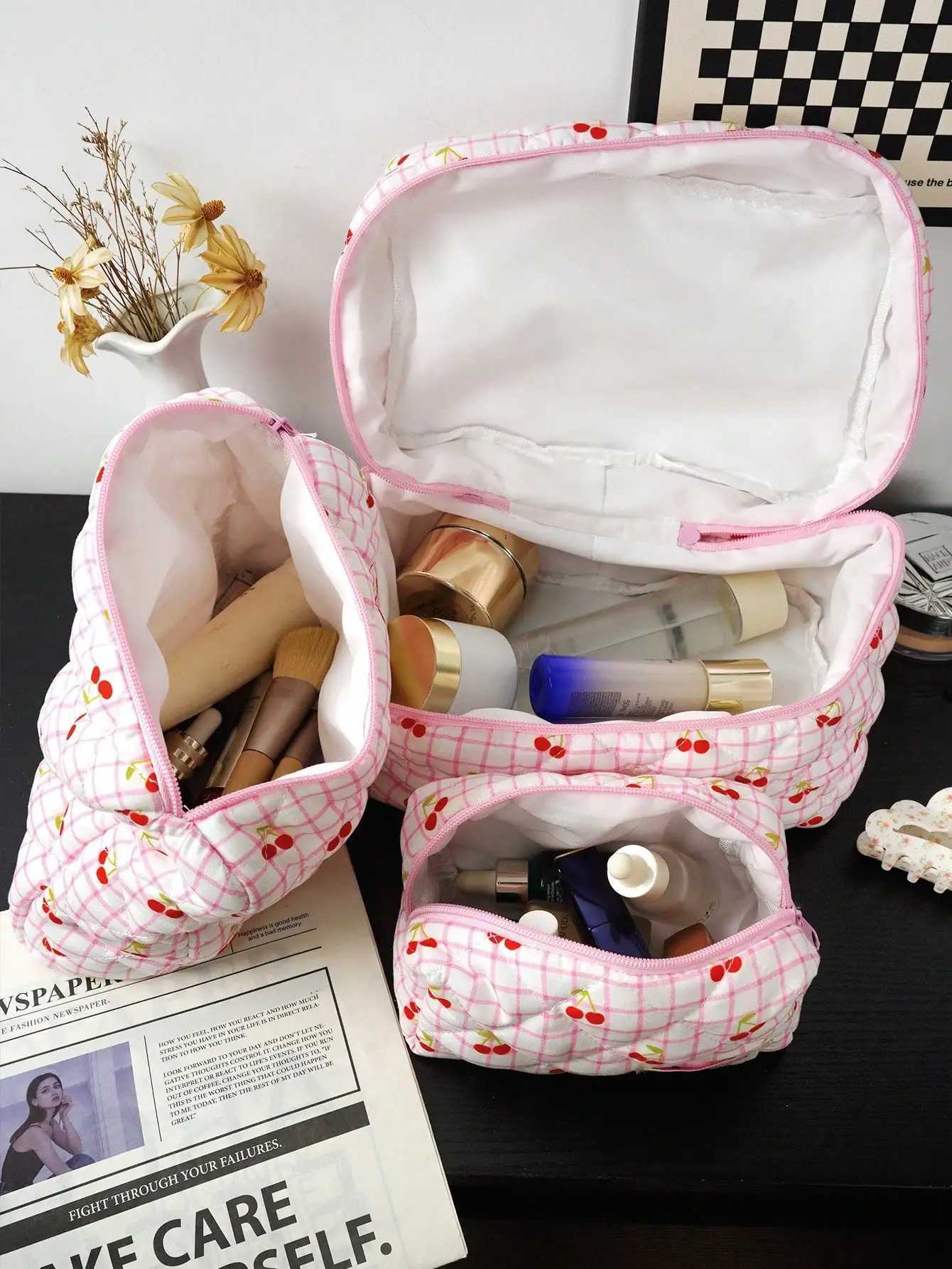 1 piece/set cherry printed zipper makeup bag cute floral makeup bag Y2K Ahetic portable toilet bag makeup storage bagXJ250415