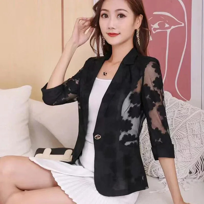 Women Blazer Jacket Spring Summer Thin Cardigan Sun Protection Clothing Hollow Lace Three-quarter Sleeve Suit Top Ladies 250415