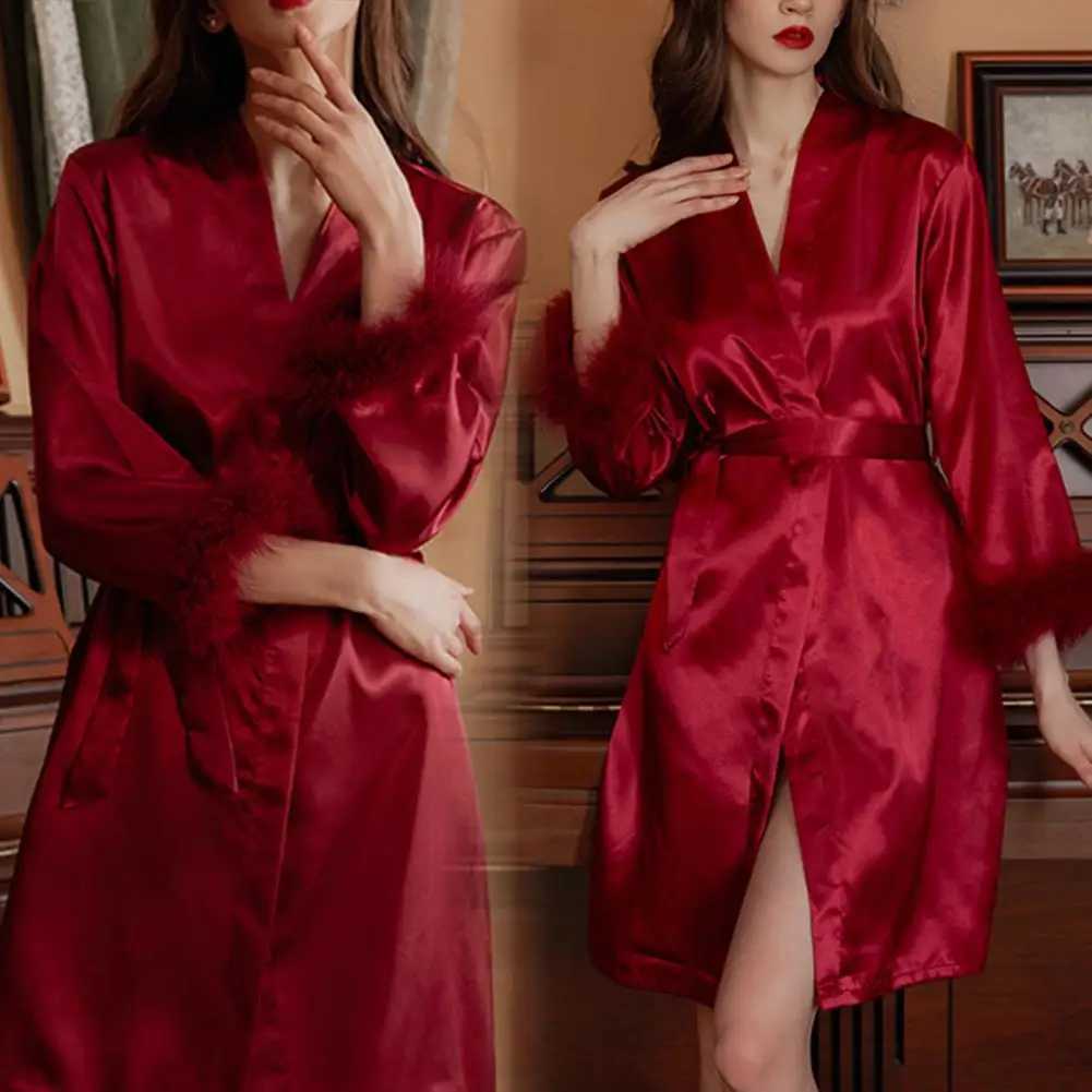 Imitation Silk Women Nightgown Solid Color Faux Fur Trim Adjustable Waist Tie Satin Sleepwear Weddings Bride Morning Robe C251115