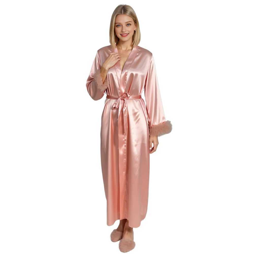 Womens Satin Robes Full Length Kimono Long Sleeve Silk Bathrobe Cuff Fur Trim Long Belted Robes Bridesmaids Bride Sleepwear C251115
