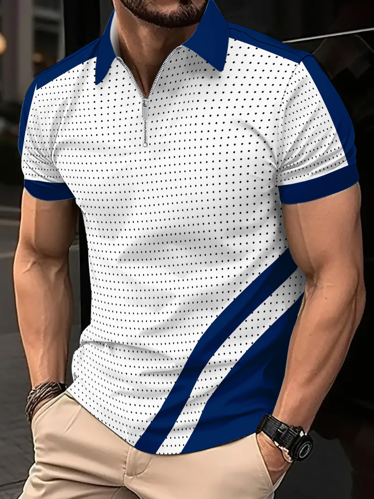 Summer Printed Zipper Polo Shirt Mens Fashion Sports Polo Shirt