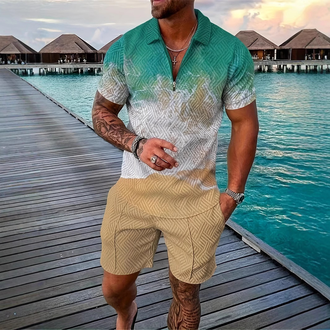 Summer mens 3D printed polo shirt set with collar short sleeved pullover mens T-shirt+two-piece set