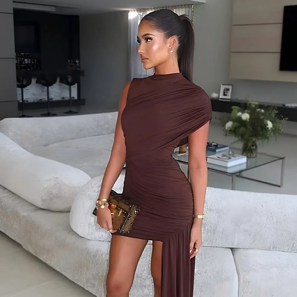 Summer Fashion Cocktail Party Dress Women Sexy Pleated Single Sleeve Irregular Slim Fit Dress Women 250415