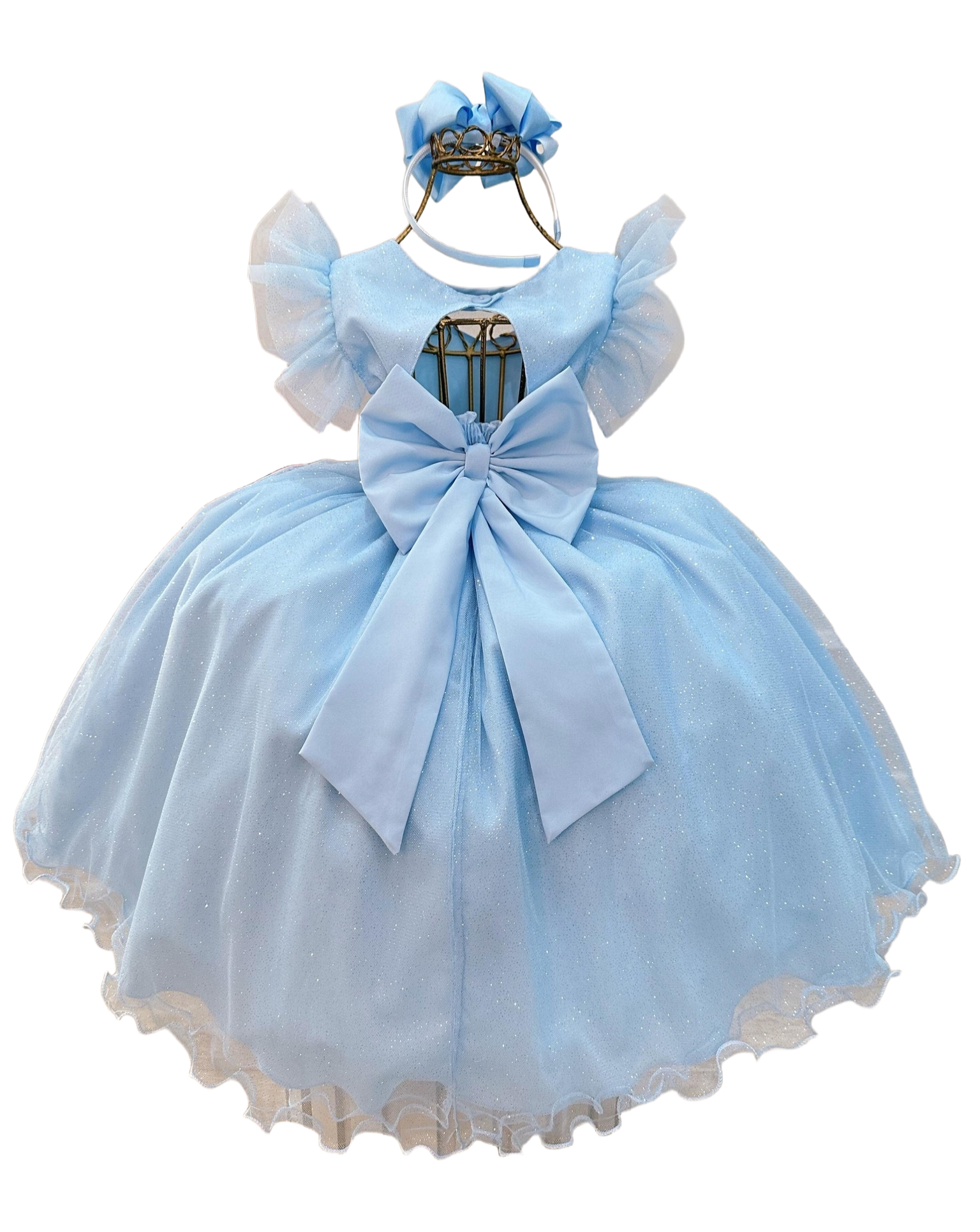 Shiny Baby Blue Flower Girls Dress Princess Short Sleeve Kids Cosplay Dress Beaded Open Back Bohemian Birthday Party Bow Princess First Holy Comunion 
