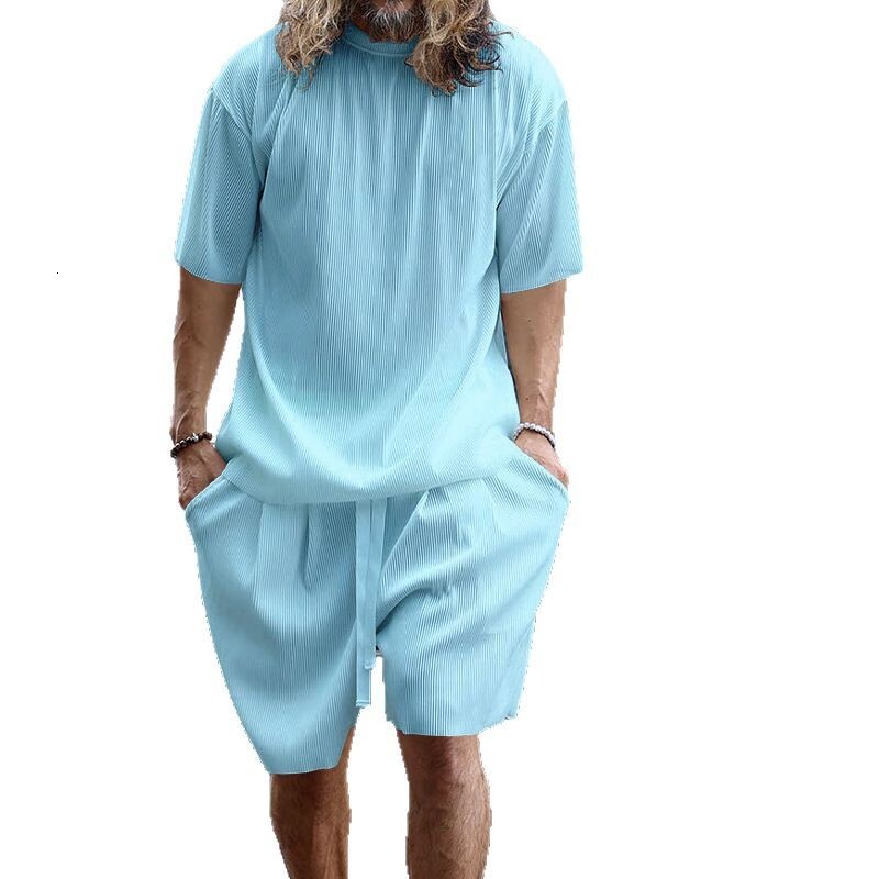 2025 Summer Men's Vertical Stripe Loose Short Sleeve Shorts Sports and Leisure Round Neck Two Piece Set for Men