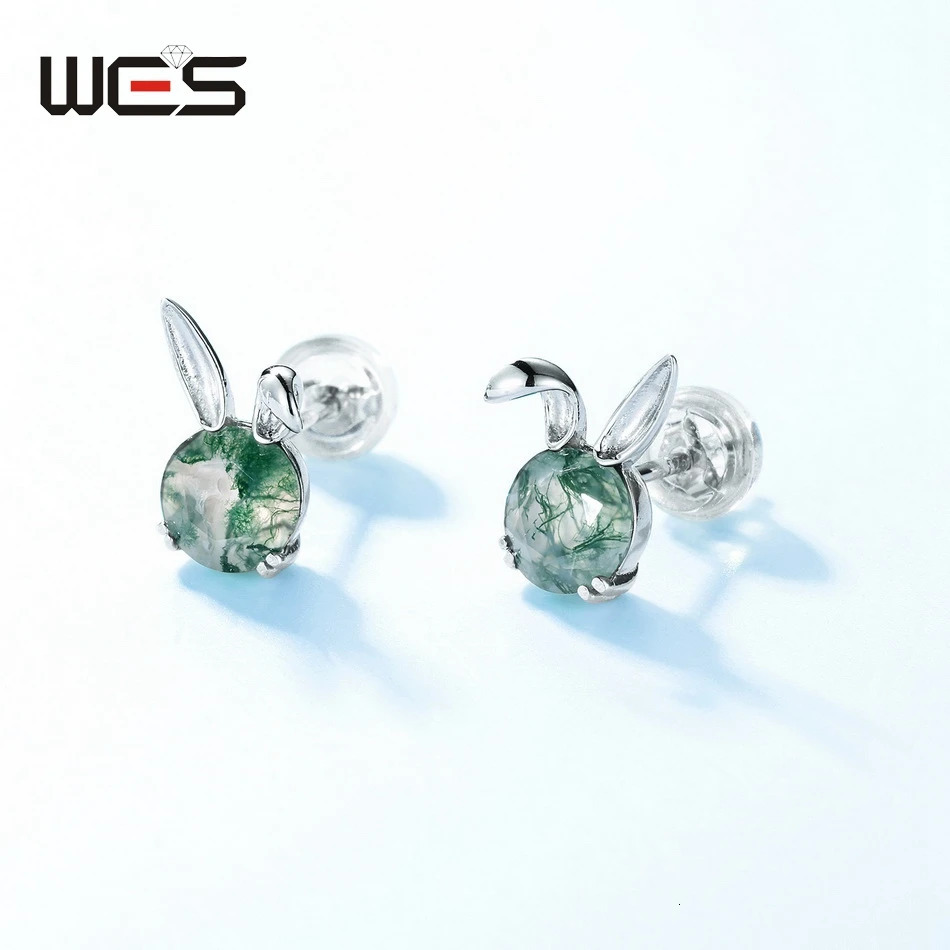 WES 925 sterling silver cute rabbit earrings suitable for women natural gemstones 6 * 6mm mousse agate rose quartz Christmas wedding gift 250409
