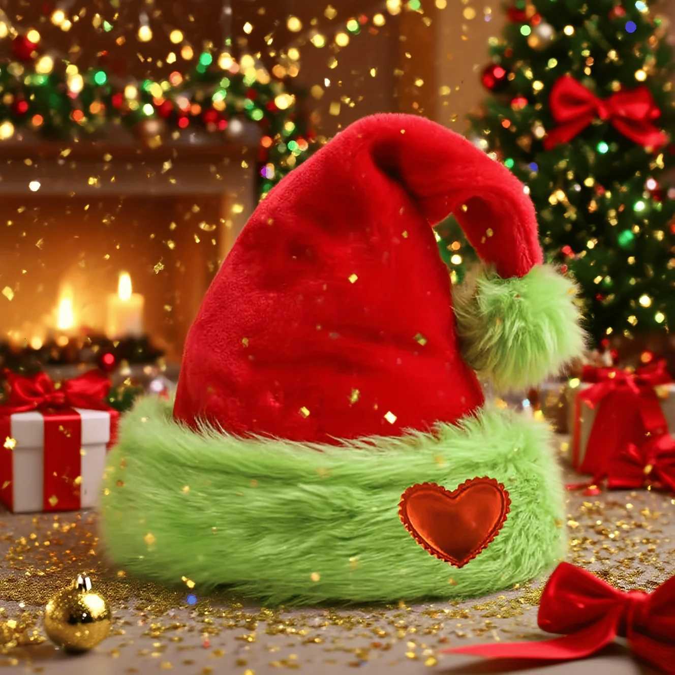 Shanghai-style woolen hat with heart-shaped brim Christmas hatfluorescent greenwith double-layered plush ball trim decoration Y251115