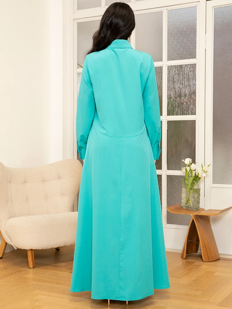 Spring/Summer Collection - Light Green Preparatory Collar Long Dress with Pocket and Button Stickers 250415