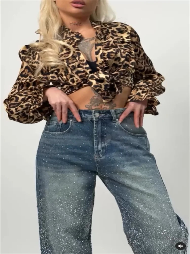 Diamond jeans casual blue pocket denim high waist wide leg pants 2025 spring womens Y2k street loose 250414