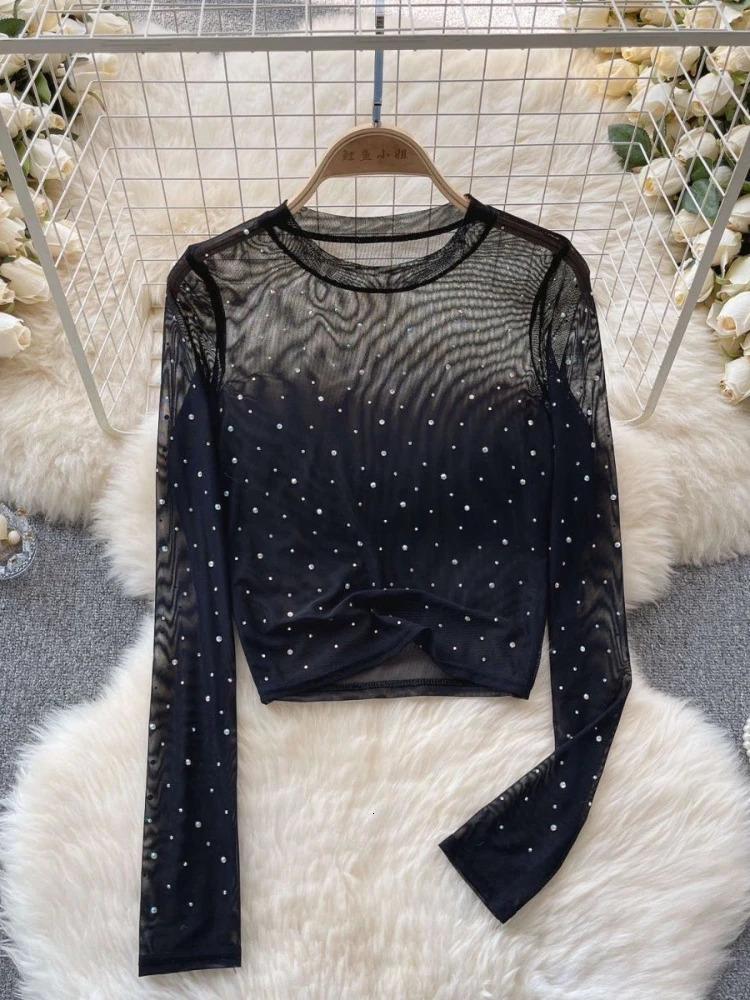 6 Colors T-shirts Women Cropped Sequins Slim Sheer Solid Spring Summer sexy Style Comfortable O-neck Clubwear European Style 250415