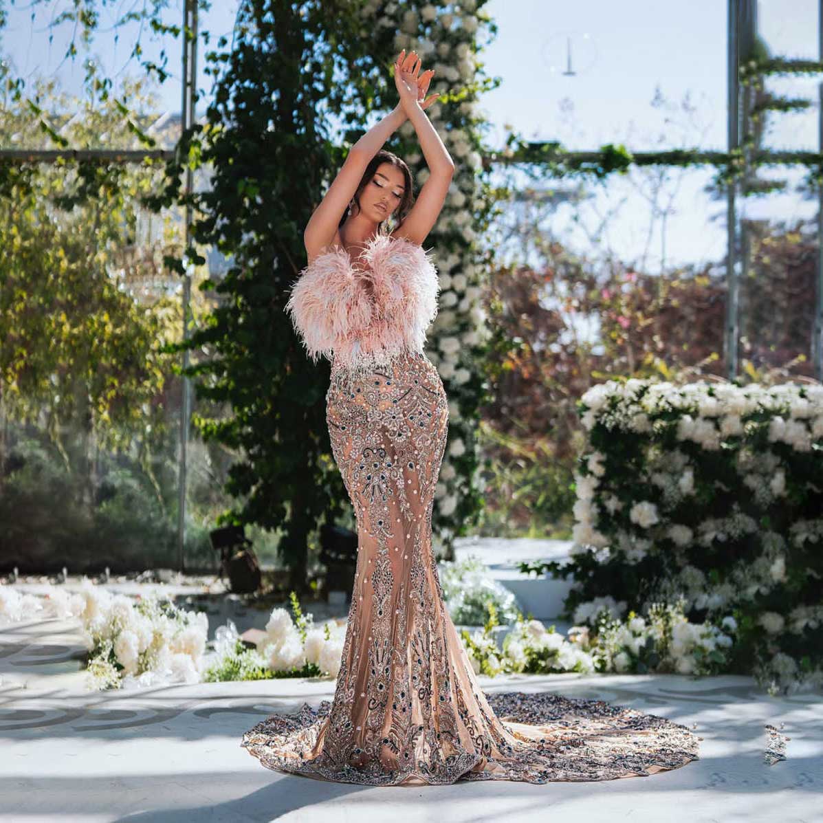 Mermaid Prom Gown O-Neck Evening Dress Crystal Party Dresses Feather Sleeveless Bridal Gowns Robes De Mariee Size Customized L241622