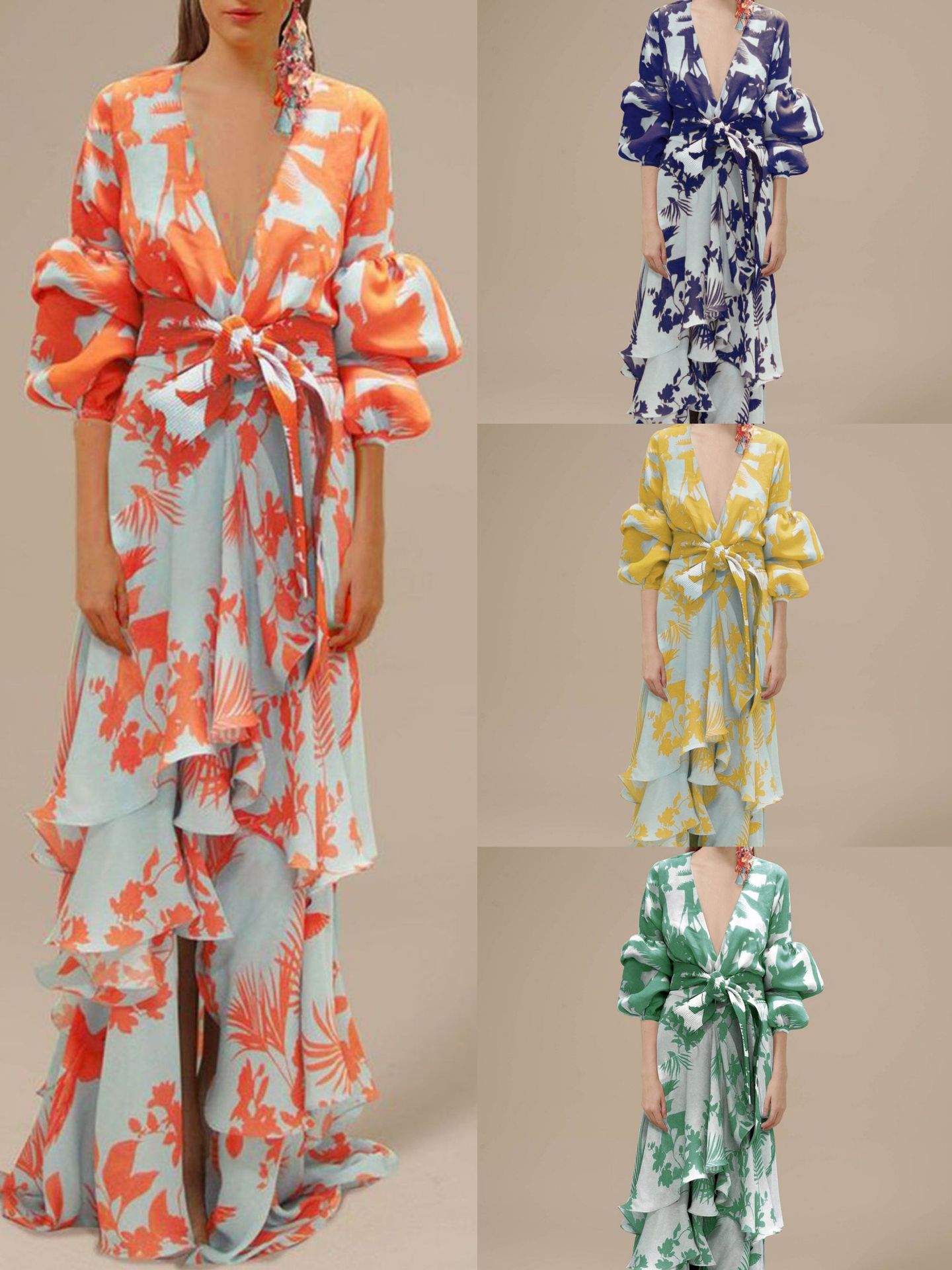 Women's Print Ruffle Party Dresses Elegant Deep V-Neck Lantern Sleeve Long Dress Fashion Tie-Up Waist Irregular Bohemian Vestido