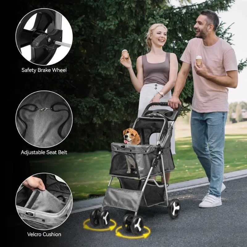 4-wheel folding dog cart with storage basket pet cart with 360 degrees? Rotating wheel suitable for small and medium-sized dogs and cats X250415